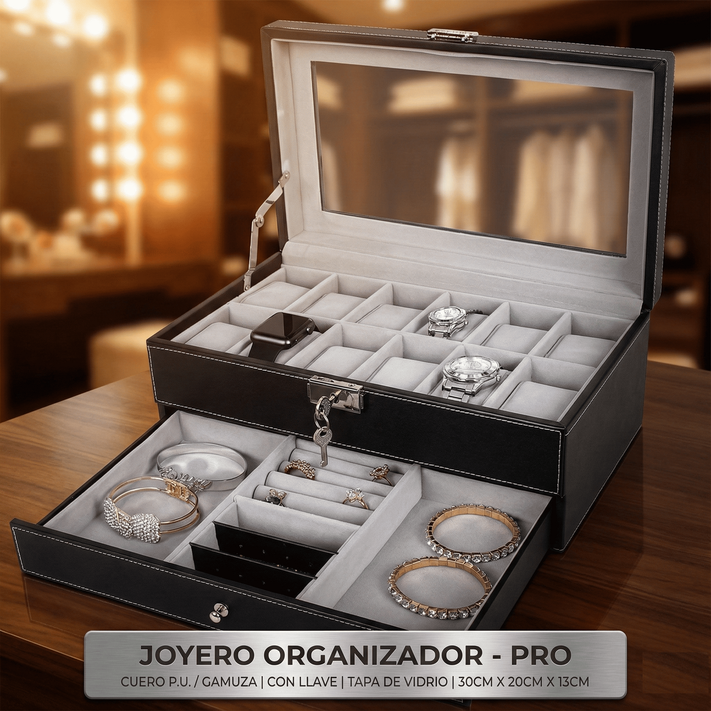 Cofre Porta Reloj Lentes y Joyas + Llave